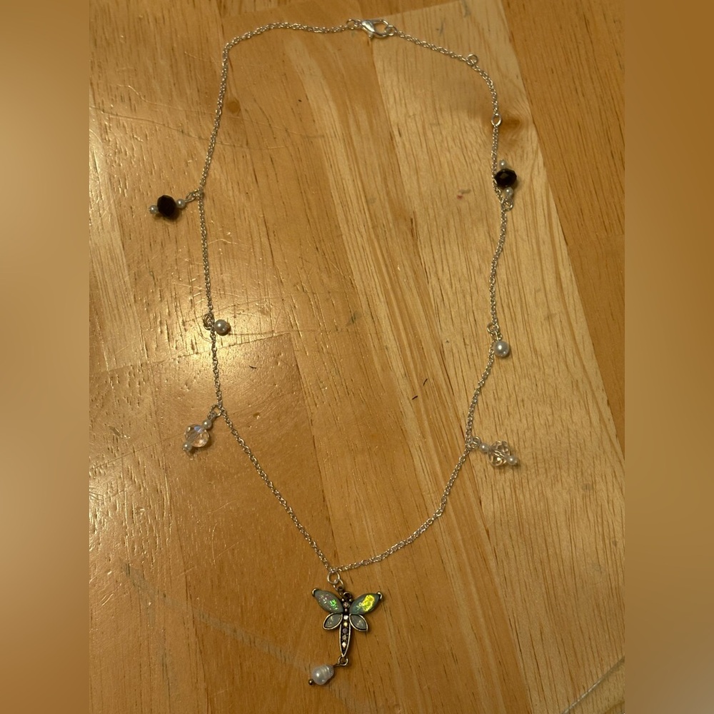 Silver Butterfly Pendant Necklace with Mixed Beads - White and Black
